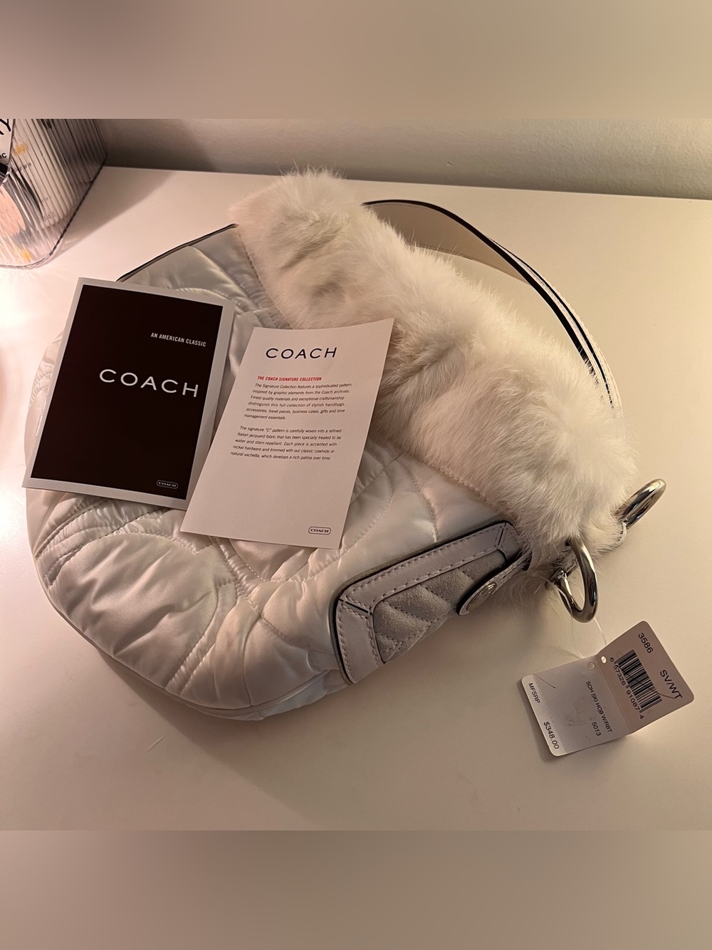 Vintage Coach White Quilted Shoulder Bag with Faux Fur Strap